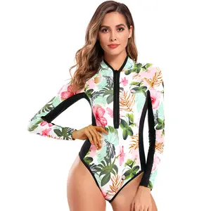 2023 Women Floral Print Quick Dry Swimming Suits One Piece Long Sleeve Swimwear Bathing Suit