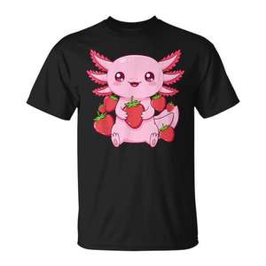 Camiseta Axolotl Strawberries, diseño de animales lindos en color rosa, unisex, para adultos, cuello redondo, manga corta, impresión digital - Product Image 1