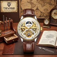 Montre mécanique pour homme TEVISE T820D, boîtier en alliage, bracelet en cuir, affichage des phases lunaires, verre minéral, résistante à l'eau, montre sport