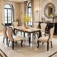 Ensemble de table à manger en bois massif de luxe de style européen, table à manger avec plateau en marbre et chaises en cuir PU pour la maison, la villa, l'hôtel, vente en gros