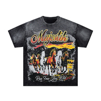 T-shirt vintage pour homme en coton 100% avec effet délavé, imprimé numérique de cheval et design streetwear orné de strass