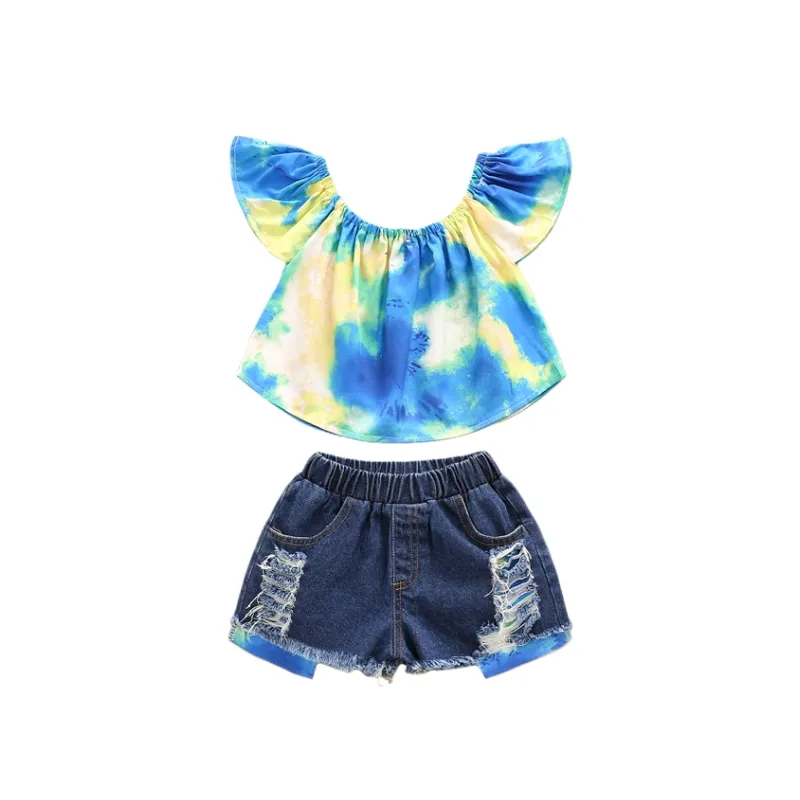 Toddler Kids Girls Summer Outfits Off Shoulder T-shirt Ripped Denim Shorts Sets