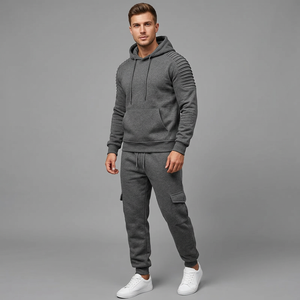Conjunto de Sudadera con Capucha y Pantalones de Chándal de Forro Polar de Secado Rápido para Hombre, 2 Piezas, Casual de Otoño, con Cordón Ajustable, Gris Liso en la Parte Delantera - Product Image 1