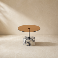 Table basse ronde en marbre Calacatta naturel Future Star, plateau en verre fumé ambre moderne, base sculpturale en forme de tambour, personnalisable
