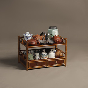 Original bamboo tea stand, tea set, teapot, <b>teacups</b>, with drawers, storage and display rack, curio cabinet, antique display - Product Image 1