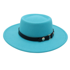 Chapeau Fedora d'hiver européen chaud couleur unie à grand bord en feutre chapeau de Jazz haut plat style rétro pour femmes en polyester/coton tissu - Product Image 5