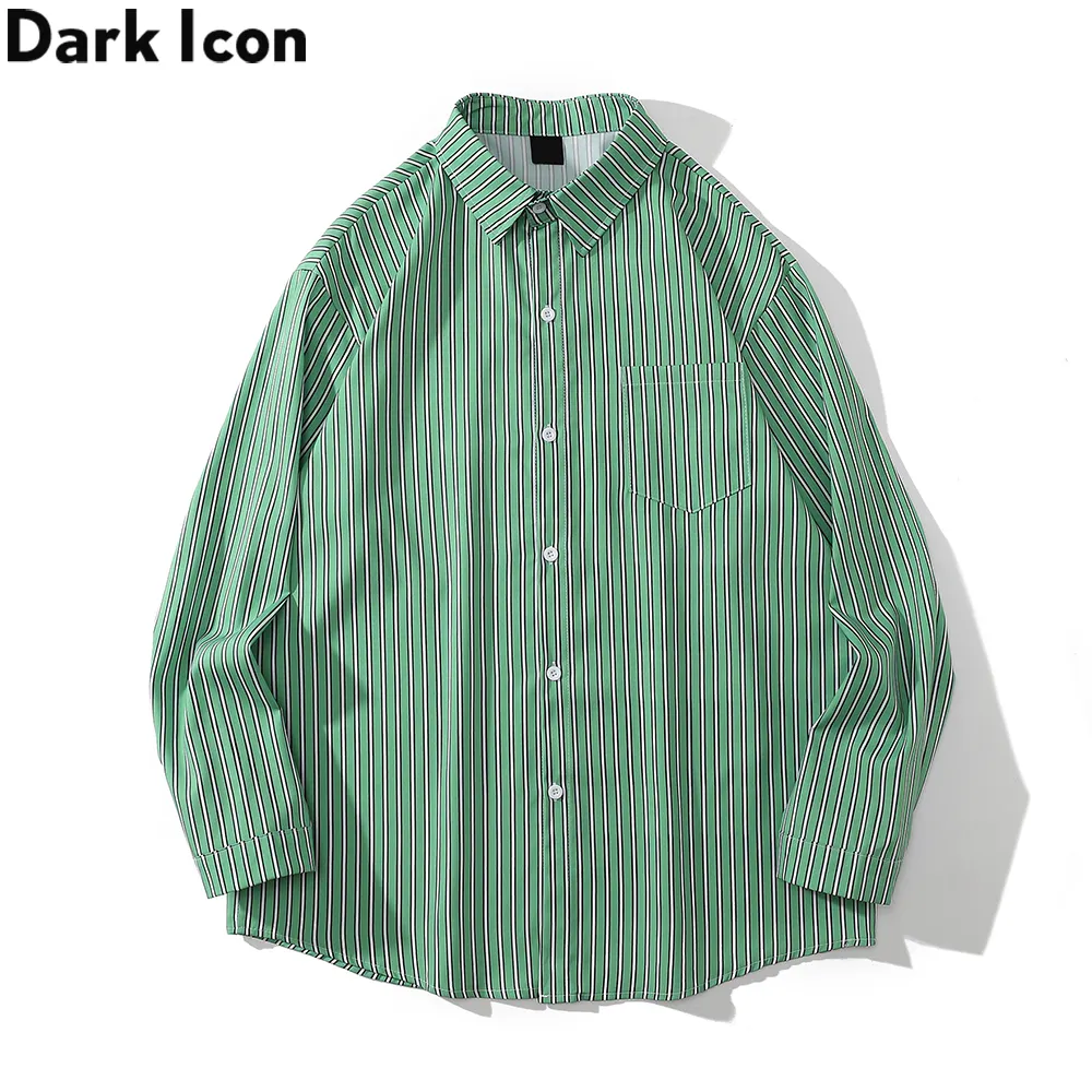Green Small Stripe Men's Shirt Long Sleeve Turn-down Collar Shirts for Man Male Top