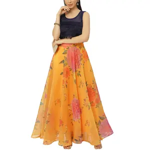 Fashion Women Mustard <strong>Yellow</strong> &amp; Pink Floral Print Casual Cotton Wrap <strong>Skirt</strong> With Zipper - Product Image 1