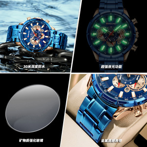 Binbond Men's Chronograph Watch Blue Stainless Steel Band Tachymeter Luminous Water Resistant Analog Quartz Watch - Product Image 4