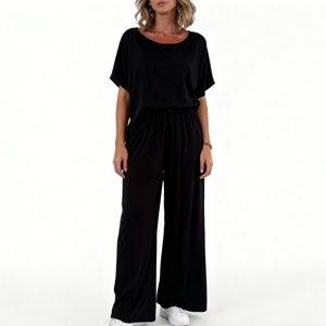 Women's Solid-Color Crew Neck Short-Sleeve Top With <b>Tie</b>-Waist Pants 2-Piece Set Fashion - Product Image 2