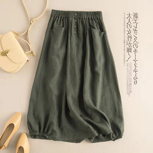Japanese Style Women's High Waist A Line Lantern Skirt Loose Cotton Linen Midi With Pockets Navy Blue - Product Image 3