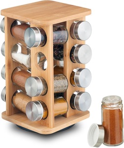 Multiple Compartments Standing Type Bamboo Rotating Spice Rack Rotatable Design Kitchen Organization Space Saving - Product Image 1