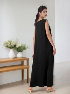 Robe longue noire sans manches, fluide, couleur unie, col chemise, décontractée, élégante, vêtement islamique, quotidienne, Ramadan, respirante, ample - Product Image 3
