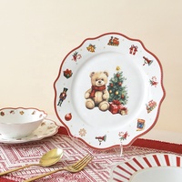 Service de table en céramique avec bordure dorée motif ours mignon, ensemble d'assiettes et de bols de Noël, vaisselle de fête pour la maison et la cuisine