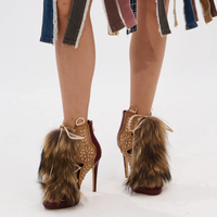 Sandales tendance à bout ouvert en fausse fourrure de renard, talon aiguille, lacets, couleur bordeaux pour femmes