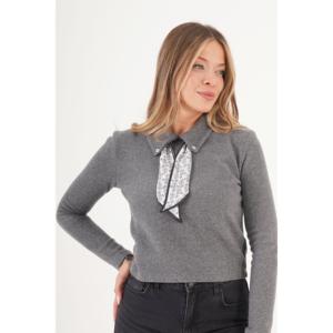 Blusa Antracita para Mujer, Estilo Vintage, Corte Holgado, Tejida en Algodón, con Cuello Tipo Bufanda, Casual-Formal, para Primavera, Verano y Otoño - Product Image 4