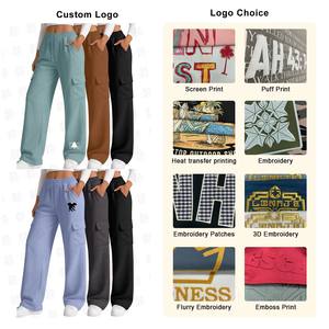 Pantaloni <span class=keywords><strong>Cargo</strong></span> in Felpa di Cotone Terry con Tasche, Vita Alta, Fronte Piatto, Traspiranti, Casual, Gamba Larga, Jogger da <span class=keywords><strong>Donna</strong></span> - Product Image 2