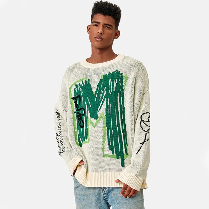 Xiaoxin Men's Jacquard Crochet Sweaters 100%cotton White Soft Embroider Brand Logo Sweater Plain Loose Oversize Sweater