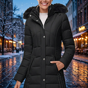 Women's Long Hooded Puffer <b>Jacket</b> With Fur Trim Thick Winter Coat Casual Windproof Solid Black Polyester Wadding Regular Fit - Product Image 2