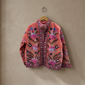 Boho Peach Velvet Suzani Embroidery Jacket Handcrafted Floral Quilted Short <b>Coat</b> <b>Women</b> Vintage Stand Collar Winter Outerwear - Product Image 4