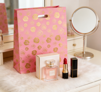 Sac cadeau en papier kraft rose à motif de rose dorée, avec soufflet latéral, recyclable, luxe, pour supermarché, fête, emballage, gravure