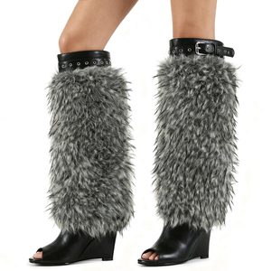 Bottes d'été à talons compensés hauts et bout ouvert, personnalisées, longues et moelleuses, pour femmes, avec boucles de ceinture sur le dessus, hauteur genou, en fourrure - Product Image 1