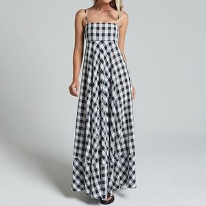 <span class=keywords><strong>Robe</strong></span> <span class=keywords><strong>longue</strong></span> d'été à carreaux pour femme avec fines bretelles et dos plissé, <span class=keywords><strong>robe</strong></span> de plage fluide de style bohème - Product Image 1