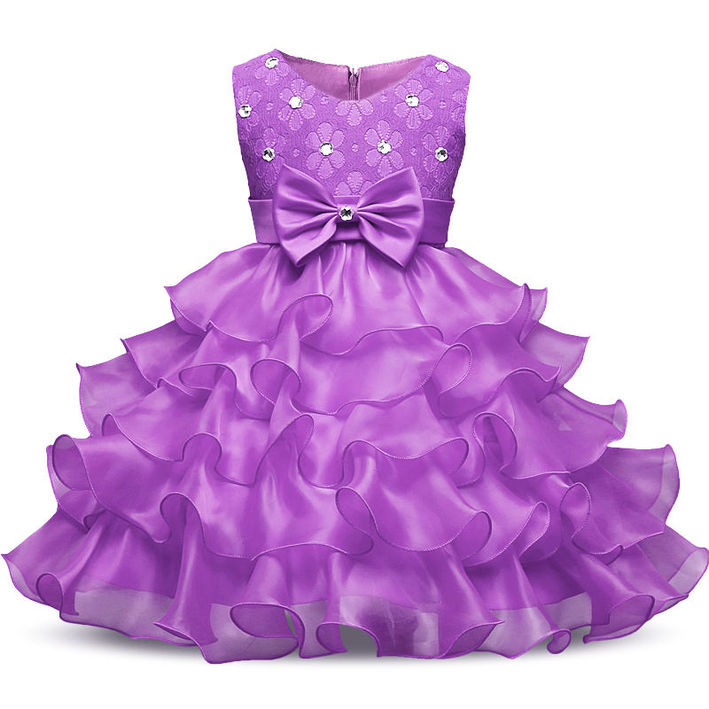 Kids Bowknot Solid Princess Ball Gown Wedding Dresses Layered Sleeveless Rhinestone Princess Dresses
