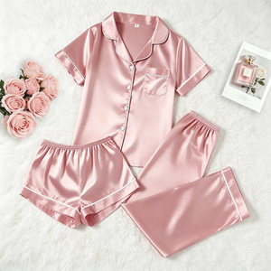Conjunto de Pijama de Tres Piezas para Mujer, Color Sólido, de Alta Calidad, Ropa de Dormir Informal de Satén para Primavera, <span class=keywords><strong>Verano</strong></span> y Otoño - Product Image 1