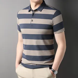 Kaos Polo Golf pria, atasan gaya bisnis Formal berkancing garis-garis 3D untuk lelaki