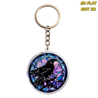 Porte-clés en acrylique Verre Teinté Corbeau Noir Silhouette de Corbeau sur Fond Mosaïque Violet et Bleu Double Face Breloque d'Art Gothique