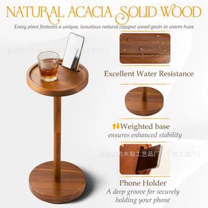 Solid Wood Sofa Side <b>Table</b> Round <b>Tall</b> Coffee <b>Table</b> With Phone Holder Home Use Multifunctional Wooden Floor <b>Table</b> - Product Image 4
