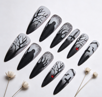 Faux ongles Halloween en ABS à presser – Noir, French Manucure, motif toile d'araignée, pailleté, nude, tendance, forme amande, pour style gothique