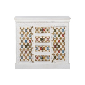 Buffet en bois artisanal avec incrustations de verre multicolores |   Console de rangement blanche antique |   Salon et salle à manger vintage - Product Image 1
