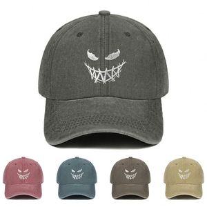 Casquette de baseball 6 panneaux en coton délavé, broderie vieillie motif démon, accessoire sportif, formel, quotidien, décontracté, image amusante - Meilleures ventes - Product Image 1