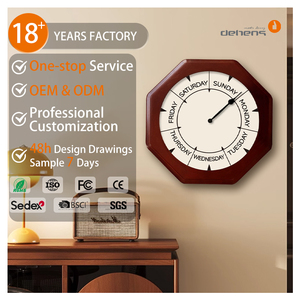 Horloge murale en verre trempé en bois massif Cadre rond en bois massif Horloge de semaine avec marqueurs de <span class=keywords><strong>midi</strong></span> et de <span class=keywords><strong>minuit</strong></span> Montage mural silencieux - Product Image 1