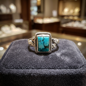 Tibat 925 Sterling Silver Fancy Rectangle <b>Turquoise</b> <b>Ring</b> India Natural <b>Turquoise</b> Gemstone Stone Cabochon with Bezel Setting - Product Image 3