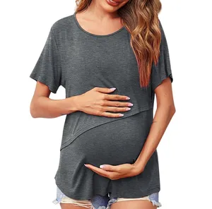 Soins haut T-shirt maternité haut d'allaitement rayure t-shirts basique allaitement Blouse été femmes enceintes couleur unie col rond