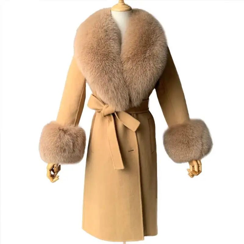 Casaco de caxemira longo feminino, casaco de lã longo com gola de pele real de raposa, venda quente da moda para mulheres