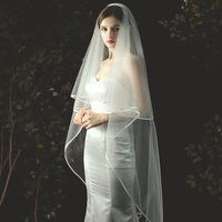 Voile de mariée élégant classique en satin avec bordure, sans peigne, 2401-860-8
