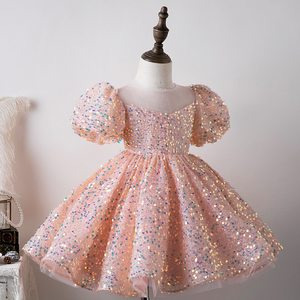 Vestito da principessa con maniche a sbuffo per <span class=keywords><strong>bambini</strong></span> giallo USA abito da principessa con paillettes stile bambina festa di compleanno - Product Image 5