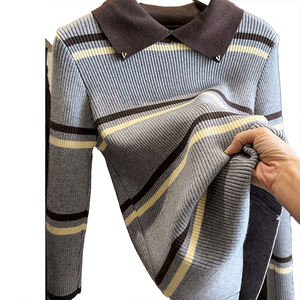 Suéter de Punto de Manga Larga con Cuello Redondo y Bloques de Color a Rayas para Mujer, Otoño Invierno, Nuevo, Ajustado, Versátil, Capa Base de Moda - Product Image 2