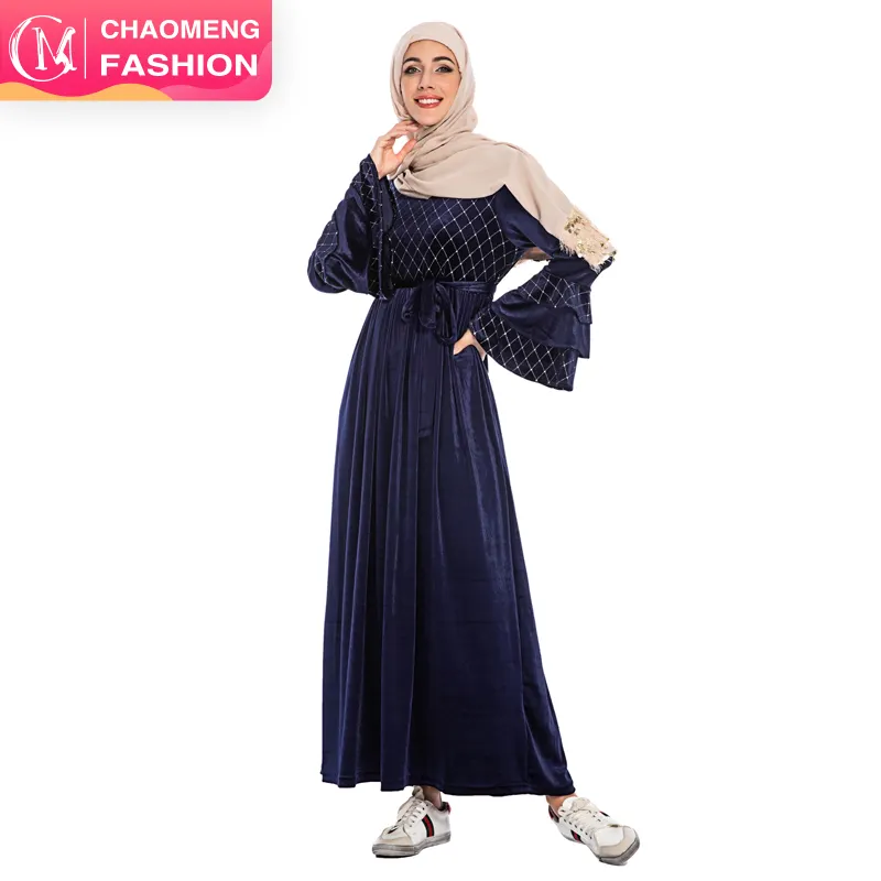 6221#Cheap china wholesale latest winter designs long flare sleeve velvet caftan islamic clothing women dresses