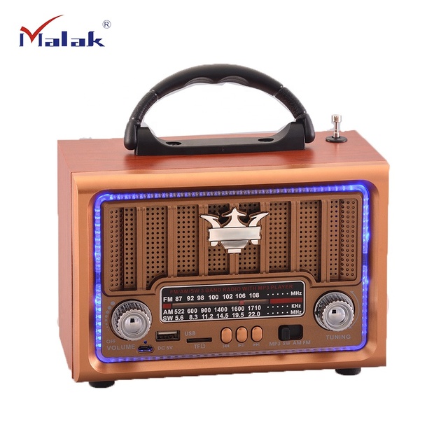 MLK-7601 Classic Style Wooden Retro Radio Rechargeable Radio Speaker with Blue Lights