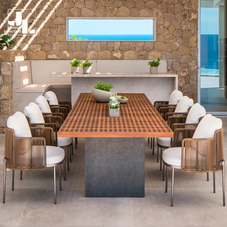 Hotel Villa Outdoor 10 Seaters Restaurant Dining Table And Chair Set Garden Patio Aluminum Frame Teak Top Table And Chair Set