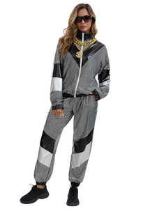 Ensemble <span class=keywords><strong>combinaison</strong></span> rétro disco, pantalon de jogging néon à carreaux, coupe-vent réfléchissant, costume de fête thème années 80 pour spectacles sur scène - Product Image 5