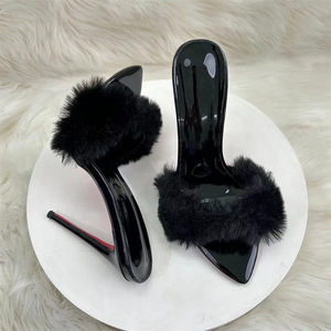 Mules de charol negro con punta en pico y decoración de piel, zapatos de tacón sin cordones para mujer, invierno - Product Image 1