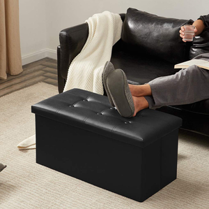 Modern Black <strong>Leather</strong> Wood Cube <strong>Storage</strong> Ottoman Stool Foldable <strong>Footstool</strong> for Bedroom Living Room Hotels - Product Image 3