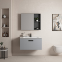 Meuble-lavabo de salle de bain au design moderne flottant avec porte miroir, structure en bois massif/contreplaqué, vasque en céramique pour usage hôtelier