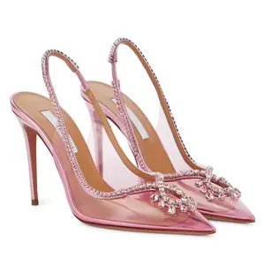 Sandal hak tinggi transparan lancip baru musim panas sepatu hak tinggi rantai berlian imitasi berkualitas tinggi sandal Pink hak halus wanita
